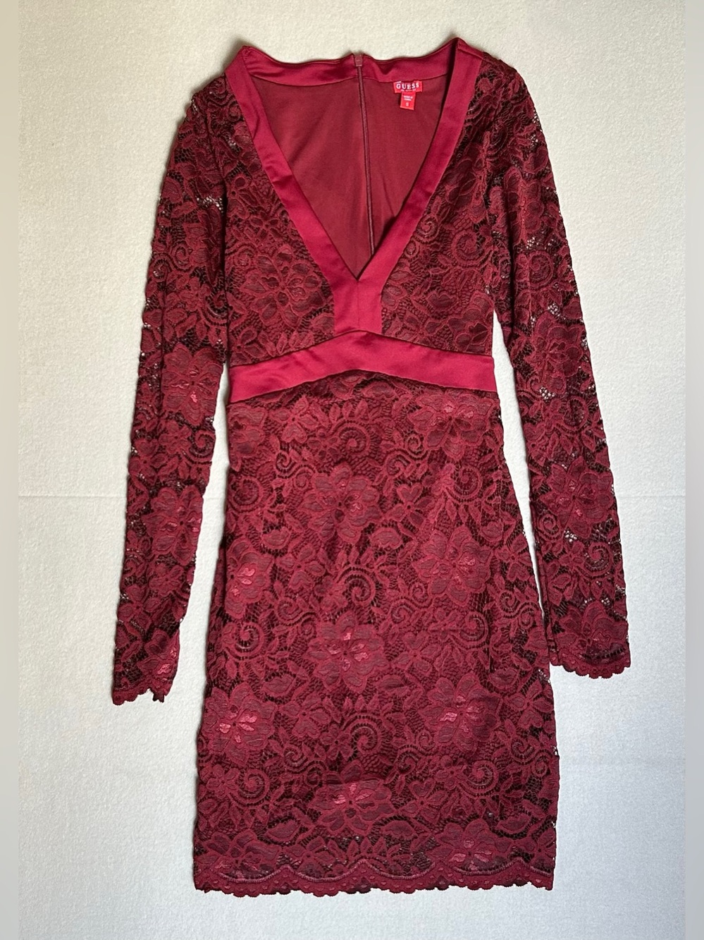 💛 Guess Burgundy Lace Long-Sleeve V-Neck Dress